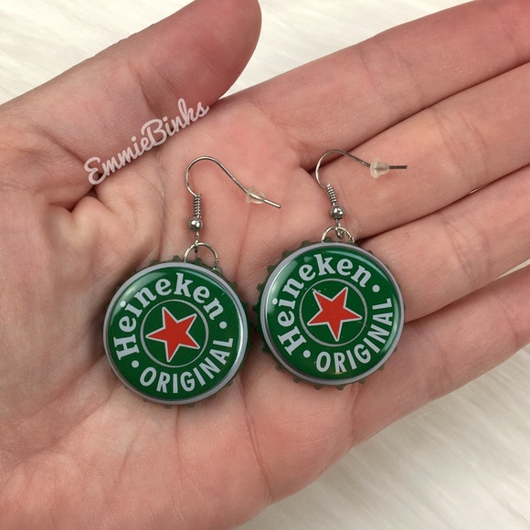 Jewelry Nwt Handcrafted Heineken Beer Bottle Cap Dangle Earrings
